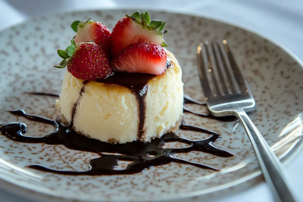 A single cheesecake bite topped with strawberries and chocolate.