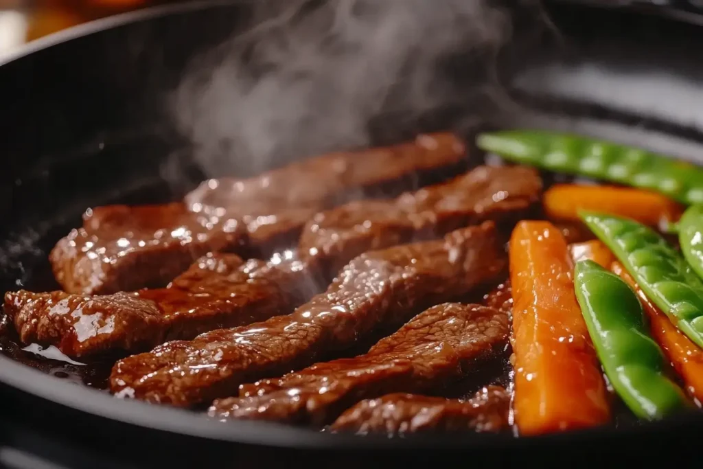 Sizzling beef slices in teriyaki sauce with vegetables in a skillet