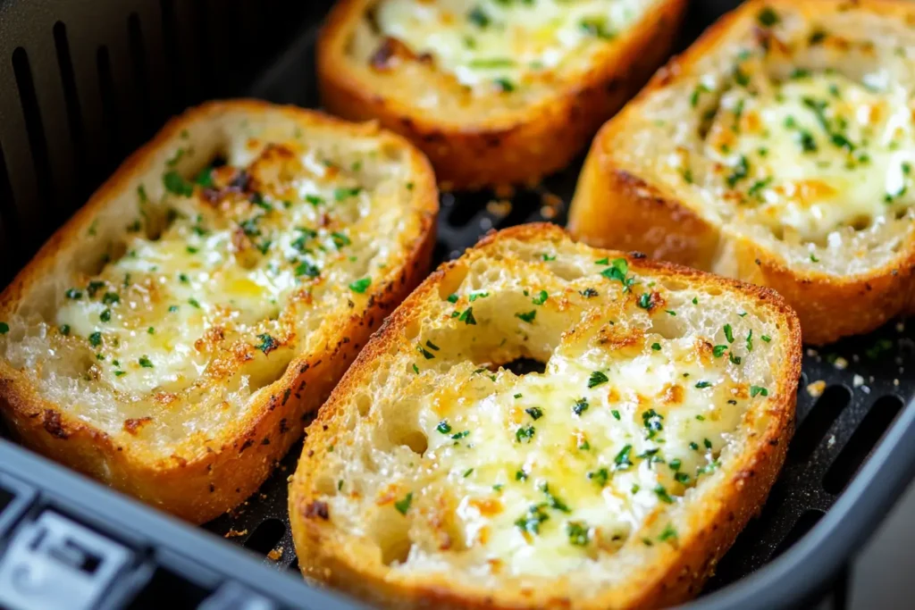 Air fryer basket with crispy garlic bread slices.
