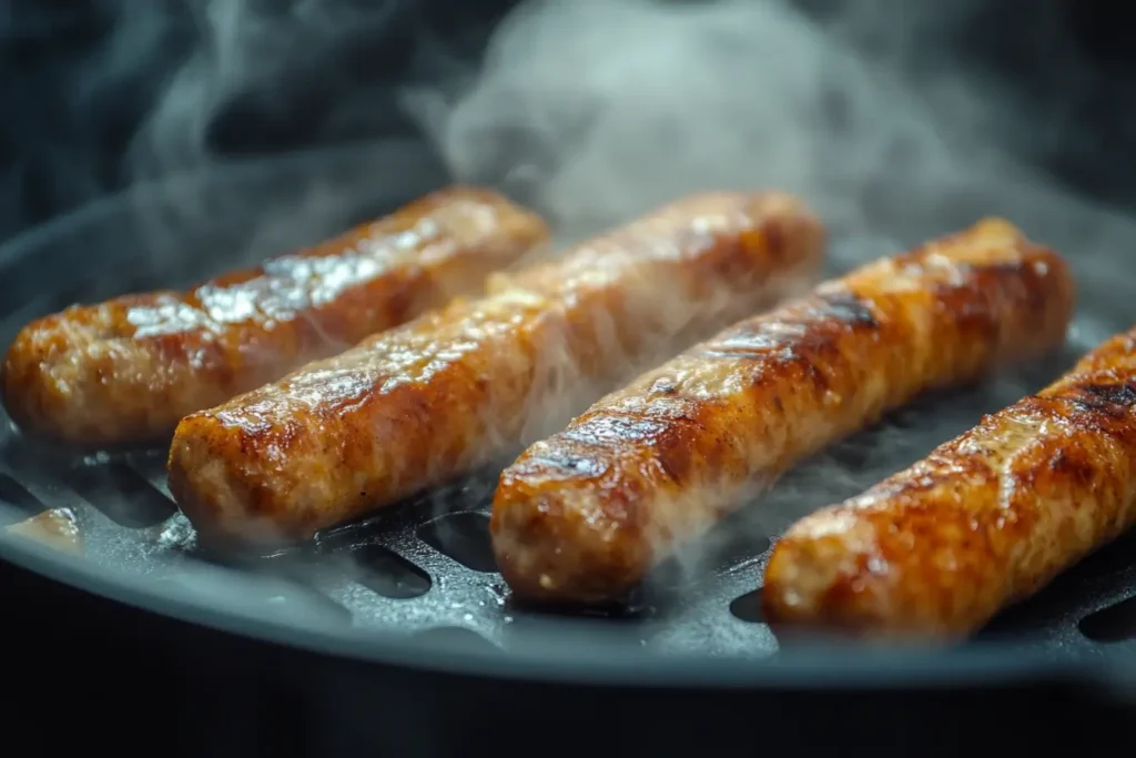 Sausages cooking in an air fryer basket with a golden glaze.