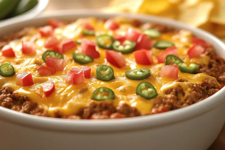 Close-up shot of a slow cooker Taco Dip Recipe with melted cheese bubbling on top, garnished with diced tomatoes and jalapeños. Surrounded by a small bowl of tortilla chips. Warm indoor lighting.