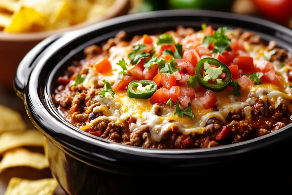 Close-up of slow cooker Taco Dip Recipe with bubbling cheese and garnishes