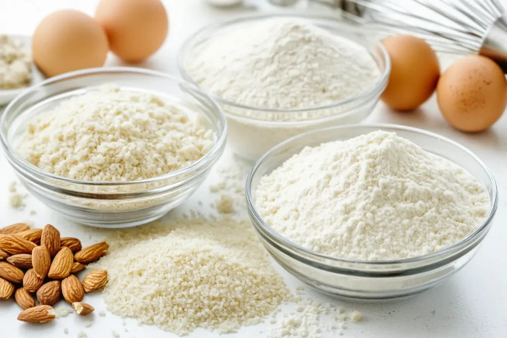 Ingredients for gluten free cakes including almond flour and rice flour.