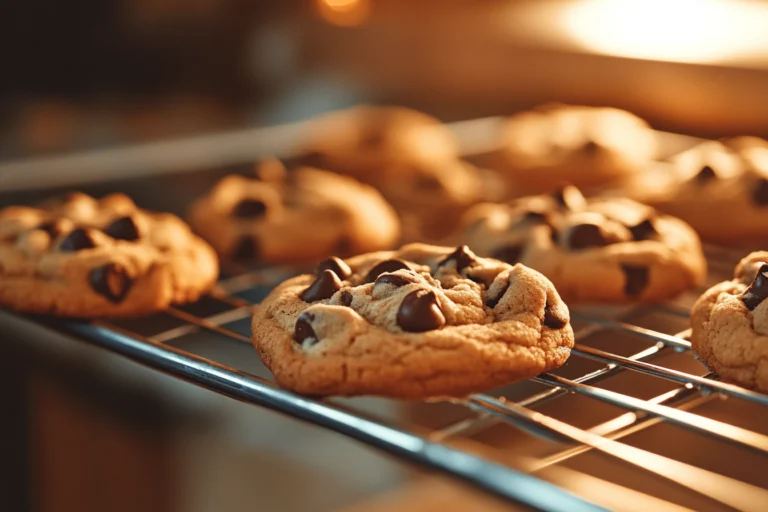 Freshly baked small batch chocolate chip cookies cooling on a wire rack