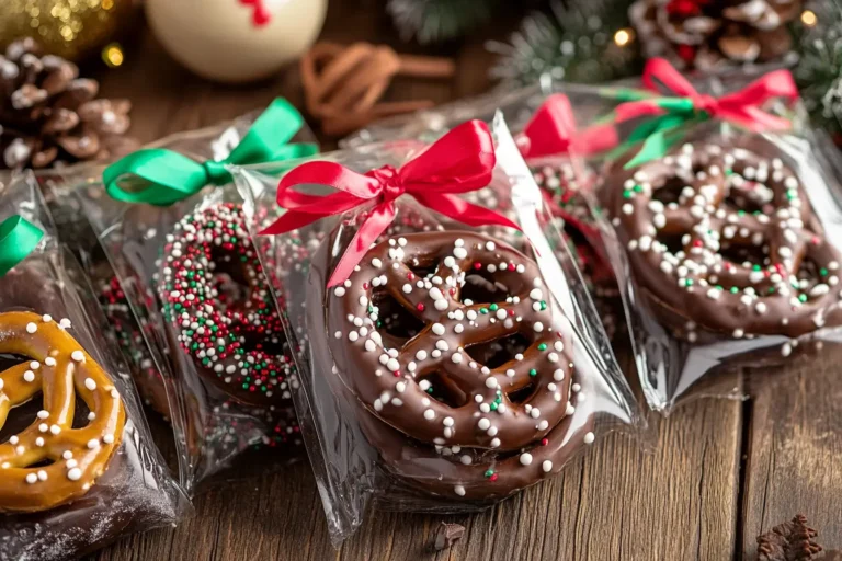 Festively packaged chocolate covered pretzels in cellophane bags with ribbons.