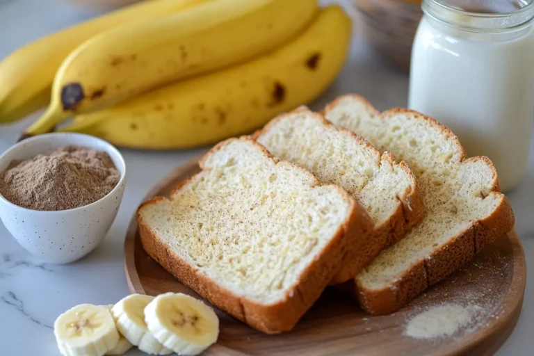 Ingredients for eggless French toast, including thick-cut bread, almond milk, bananas, cinnamon, and vanilla extract,