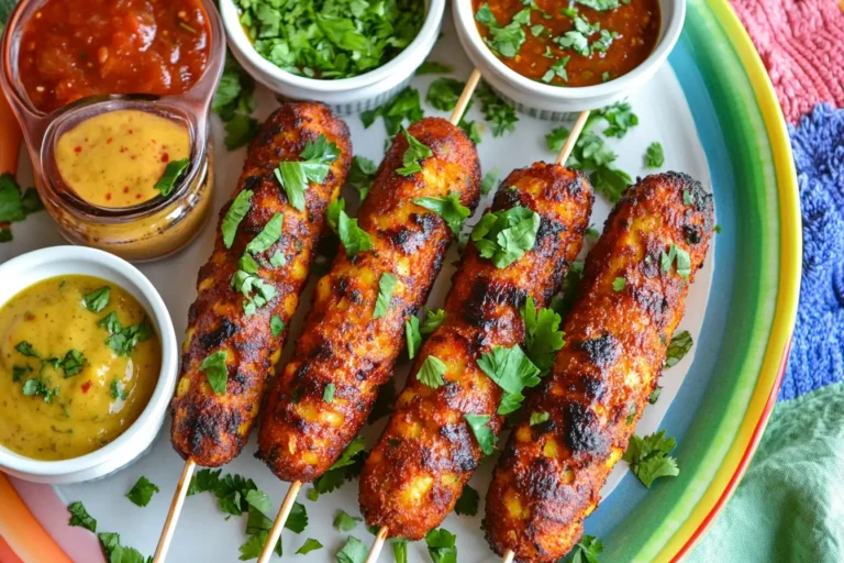 Golden crispy corn dogs cooked in an air fryer with dipping sauces.
