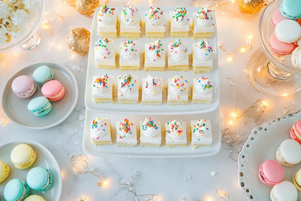 Cheesecake bites on a tiered dessert stand at a party.