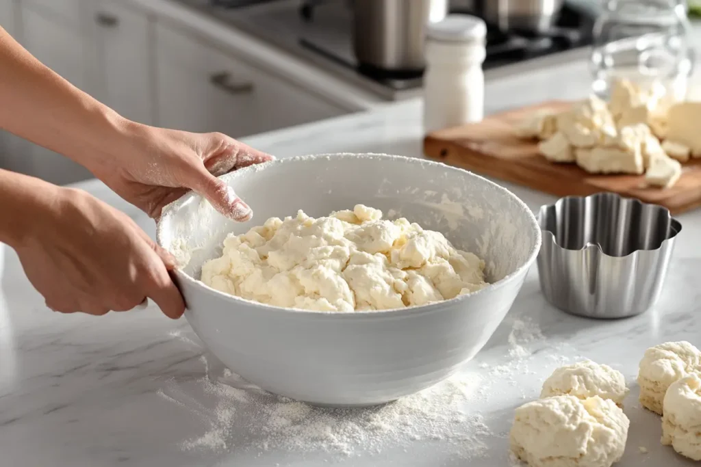 Mixing biscuit dough with flour, butter, and buttermilk