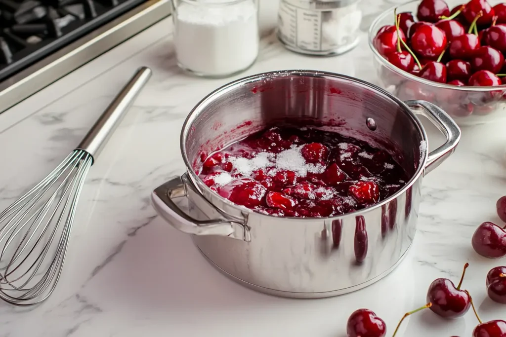 Ingredients for homemade cherry ice cream on a kitchen countertop.