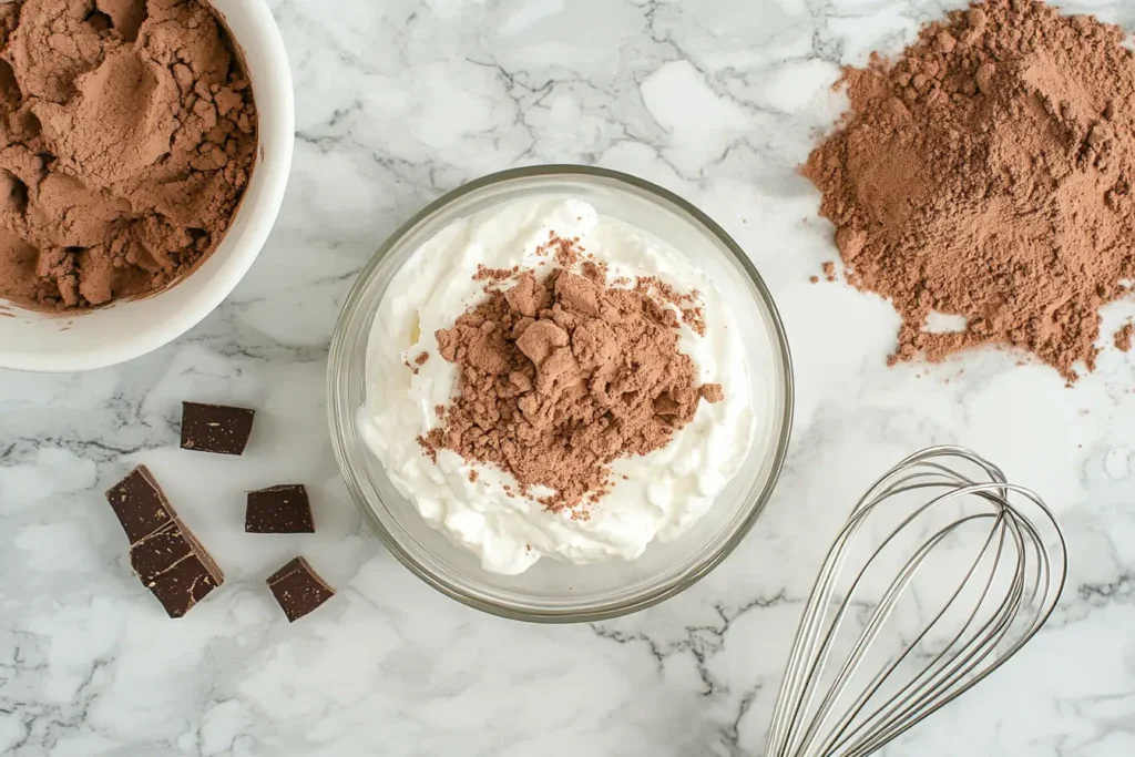 Ingredients for making protein pudding on a marble countertop.