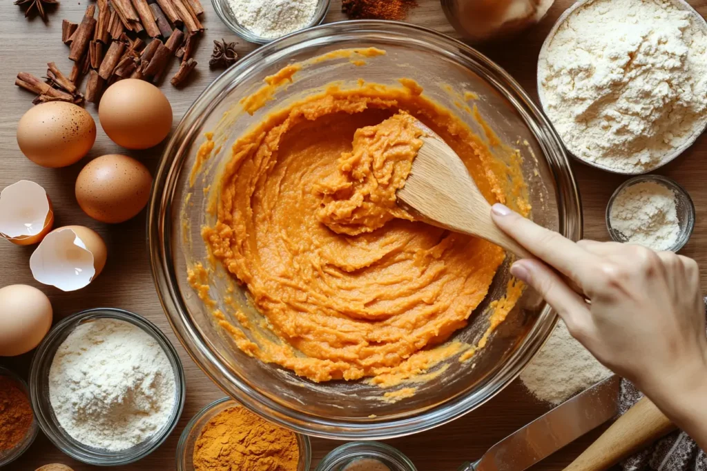 Sweet potato bread batter in a mixing bowl with ingredients