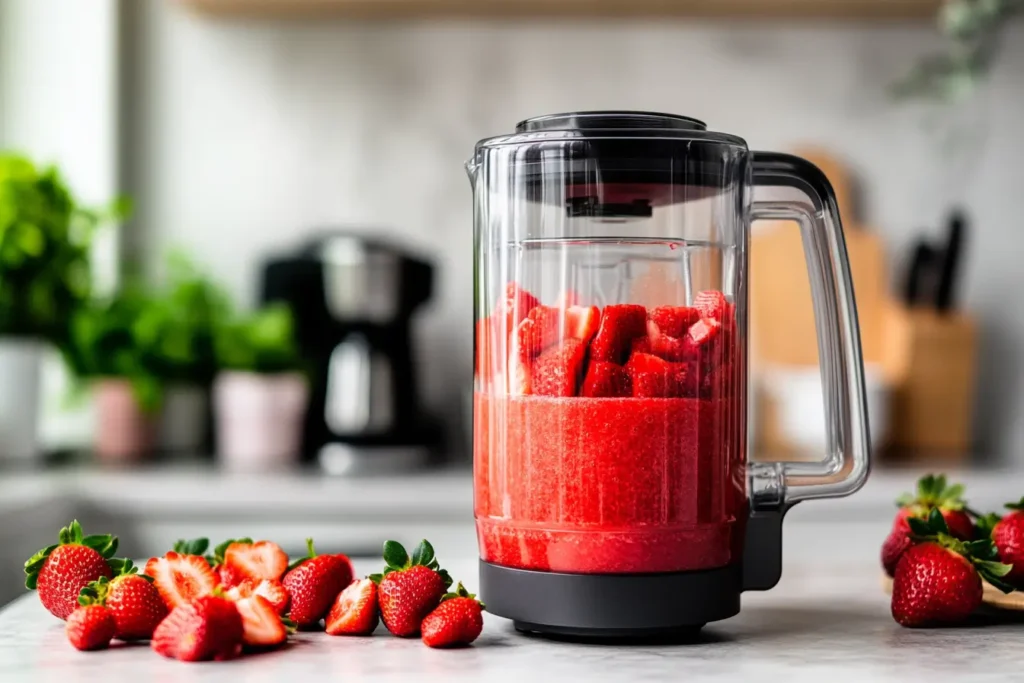 Step-by-step strawberry puree preparation on a modern kitchen counter.