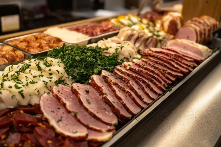 Thinly sliced turkey pastrami on a wooden board with fresh herbs and mustard.