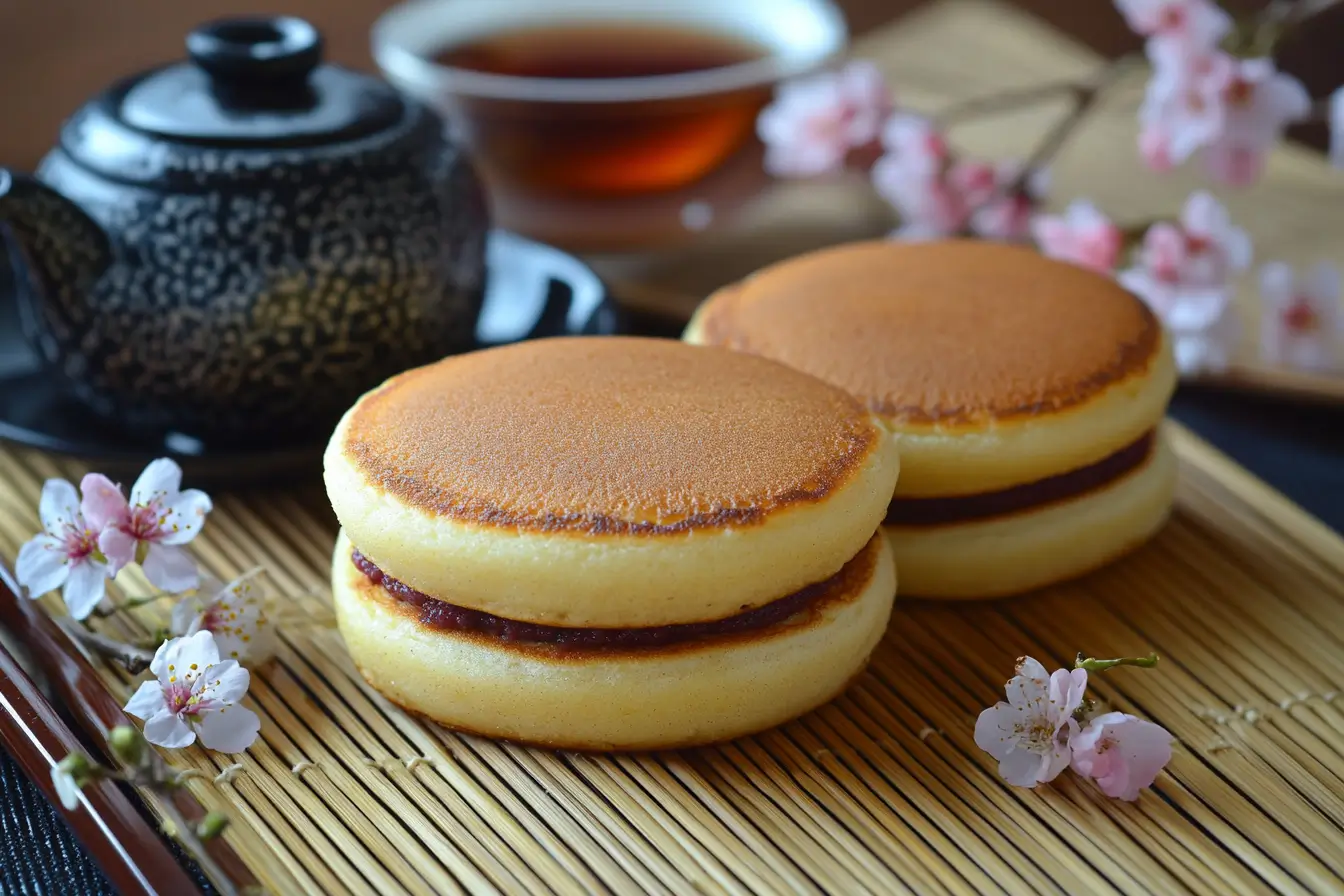 Two golden-brown vegan dorayaki pancakes sandwiched with sweet red bean paste, placed on a bamboo mat next to a traditional Japanese tea set and cherry blossom decor.