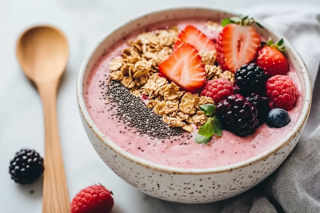 Strawberry smoothie bowl with granola and chia seeds.