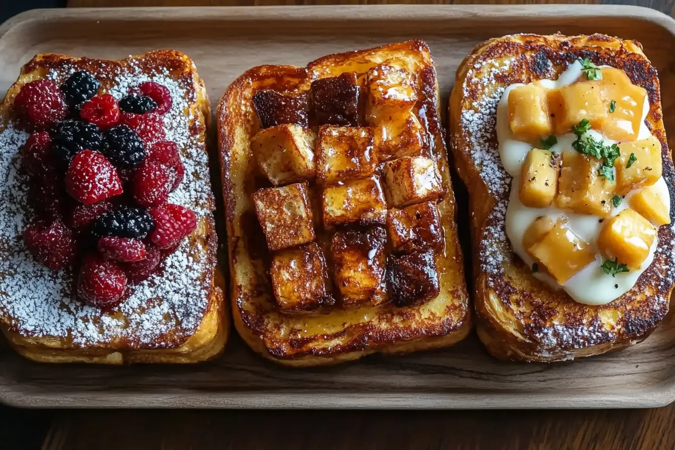 A platter with three different French toast variations.