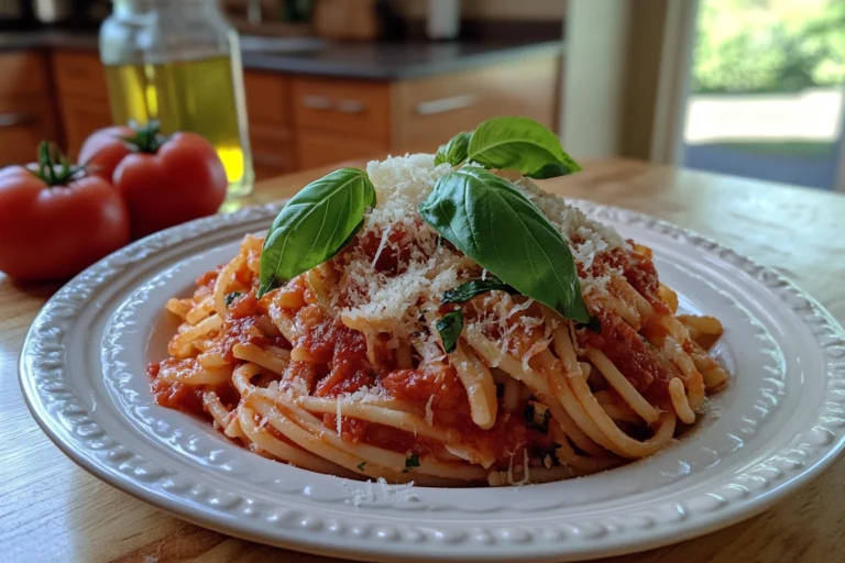 Plate of low-calorie skinny pasta topped with marinara sauce, fresh basil, and parmesan cheese, surrounded by ingredients like tomatoes, zucchini, and garlic on a rustic wooden table.
