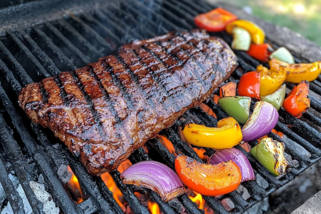 Uncutted Skirt Steak on grill with veggies