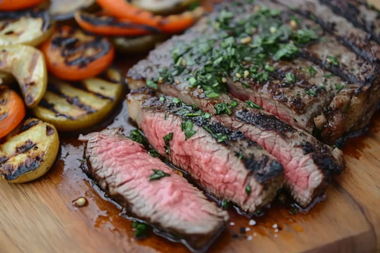 Perfectly cooked bavette steak sliced on a rustic cutting board.