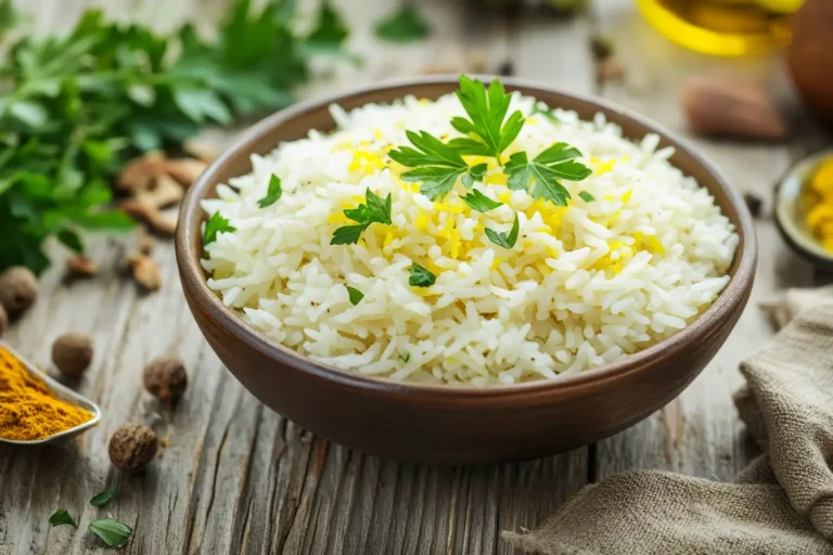 A bowl of seasoned rice with turmeric and parsley.