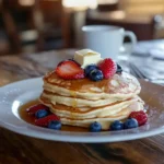 Stack of pancakes with fruit and syrup