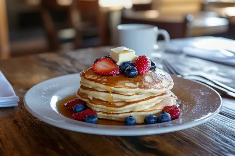 Stack of pancakes with fruit and syrup