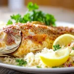Crispy fried snapper fish served with rice and coleslaw.