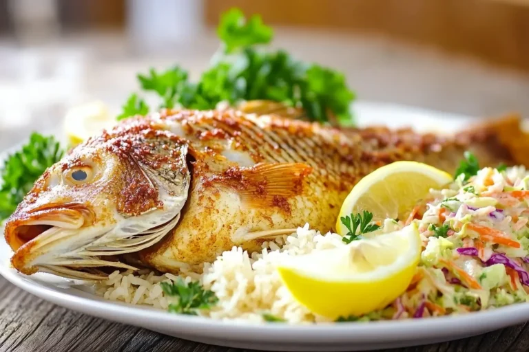Crispy fried snapper fish served with rice and coleslaw.