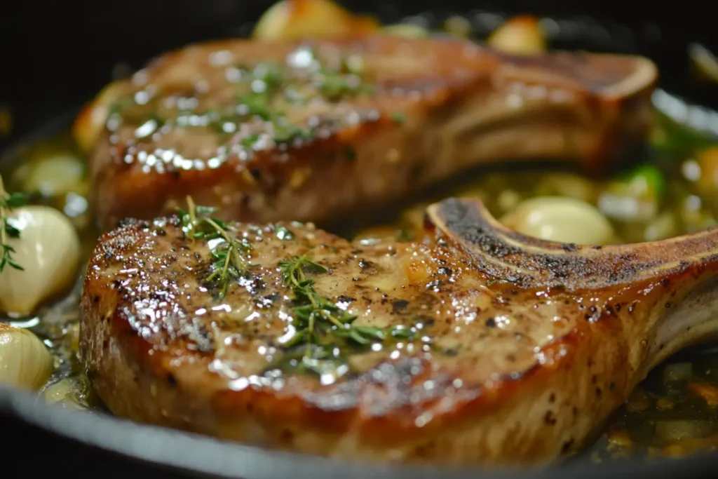 Pan-seared veal chop in a cast-iron skillet with garlic and thyme