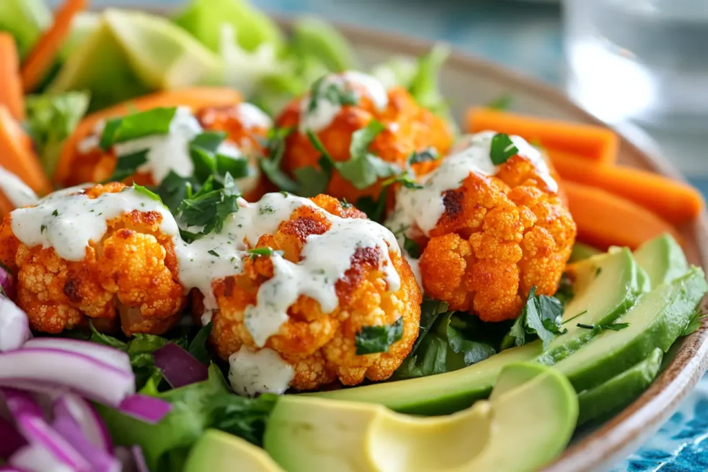 Buffalo cauliflower bites on a fresh salad