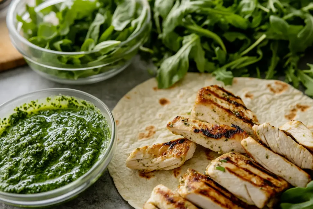 Ingredients for making a chicken pesto wrap