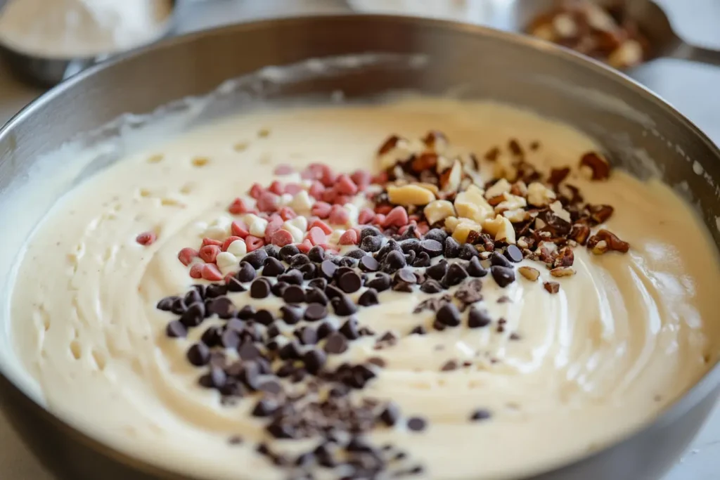 Bowl of pancake batter with mix-ins . What can you add to pancake mix to make it better?