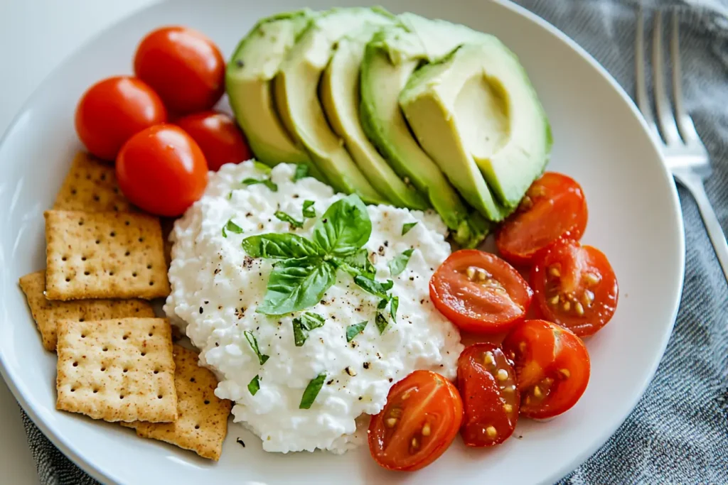 Can a diabetic eat cottage cheese every day? Cottage cheese served with avocado, tomatoes, and whole-grain crackers.