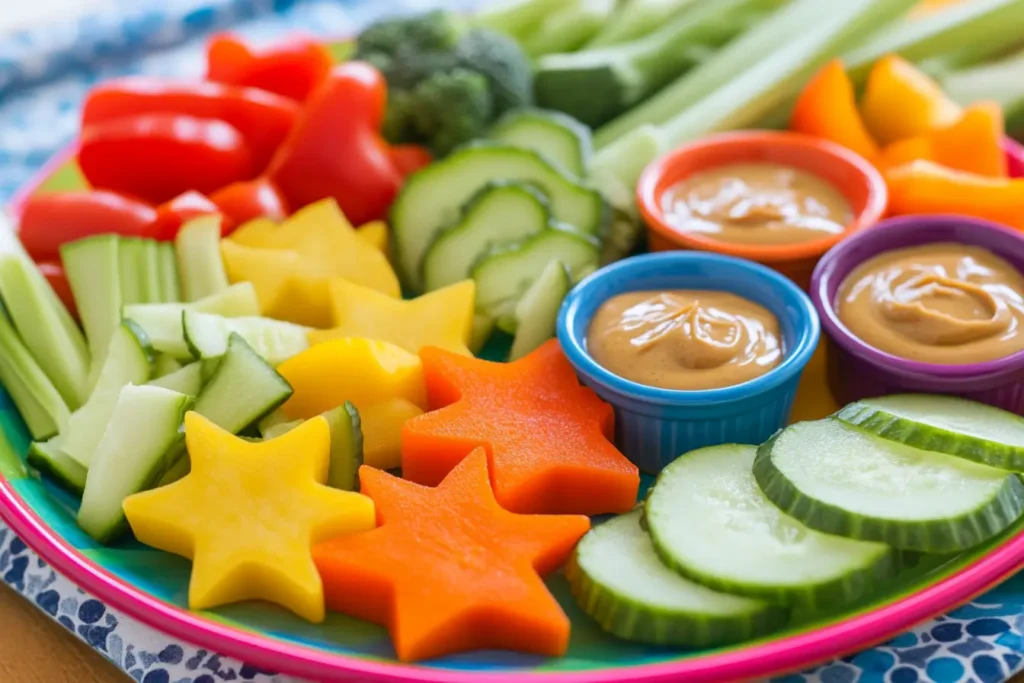 Kid-friendly veggie tray with shaped vegetables and dips