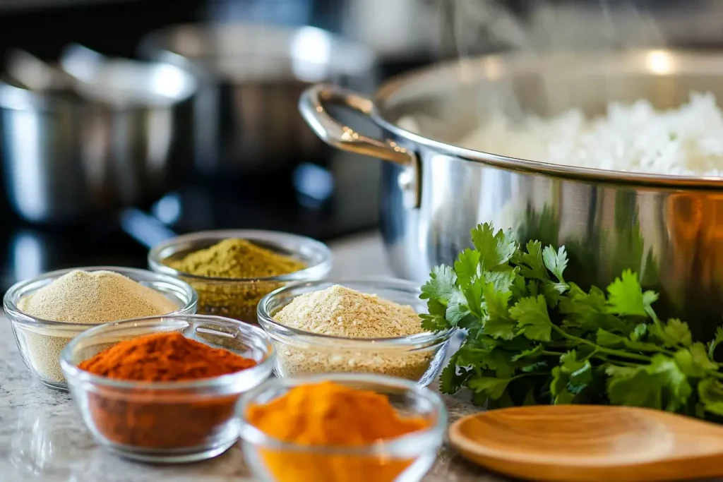 Spices arranged beside a pot of steaming rice.