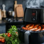 Air fryer with crispy sausages inside the basket. How long do you cook sausages for in an air fryer?