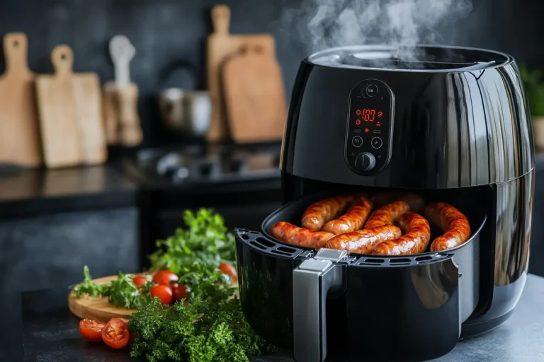 Air fryer with crispy sausages inside the basket. How long do you cook sausages for in an air fryer?