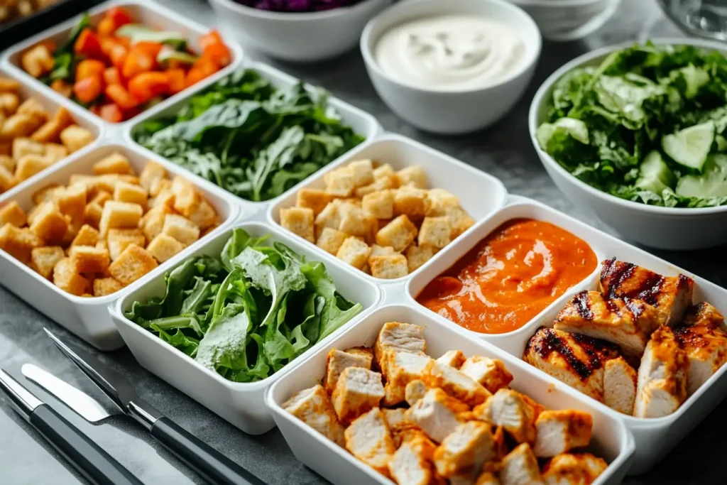 Meal prep containers with buffalo chicken salad