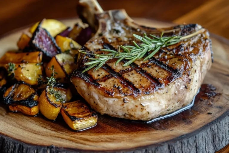 Grilled veal chop with rosemary and roasted vegetables