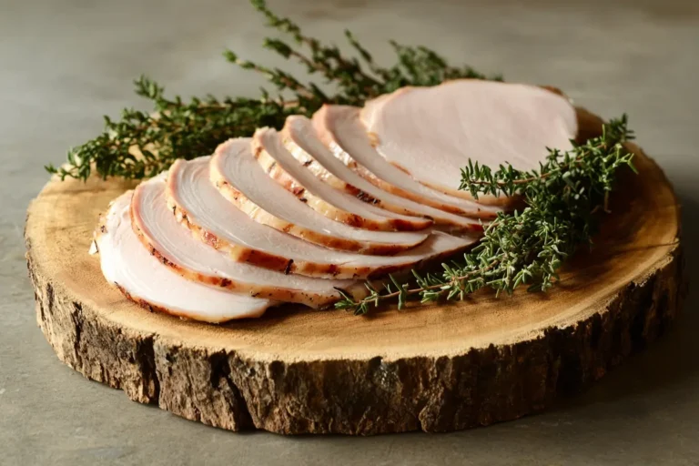 Juicy smoked turkey breast slices on a platter.