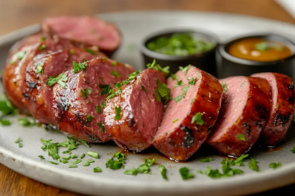 Juicy sliced sausages served with dipping sauces.