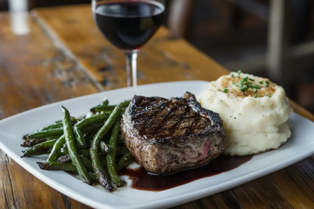 Plated New York strip steak with sides