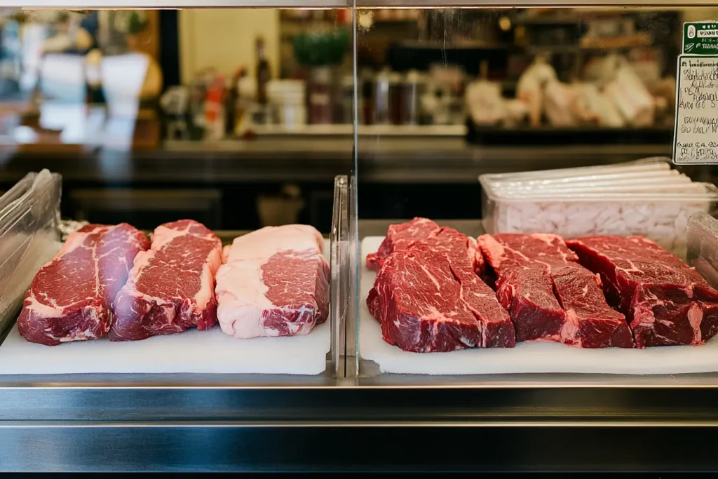 Is bavette a good cut of steak? Comparison of raw bavette, flank, and skirt steaks on a butcher’s counter.