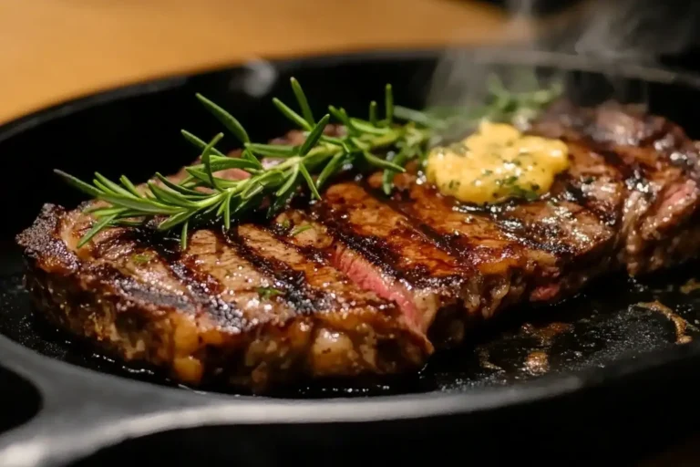 Sizzling New York strip steak with garlic butter in a skillet