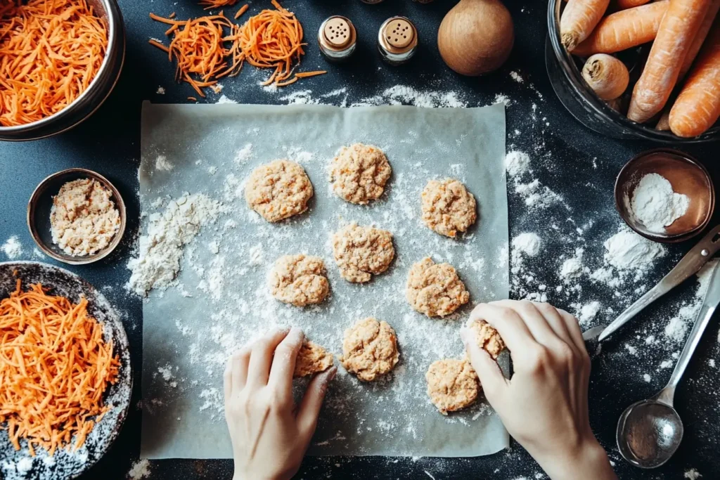 Preparing carrot cake cookie dough for baking