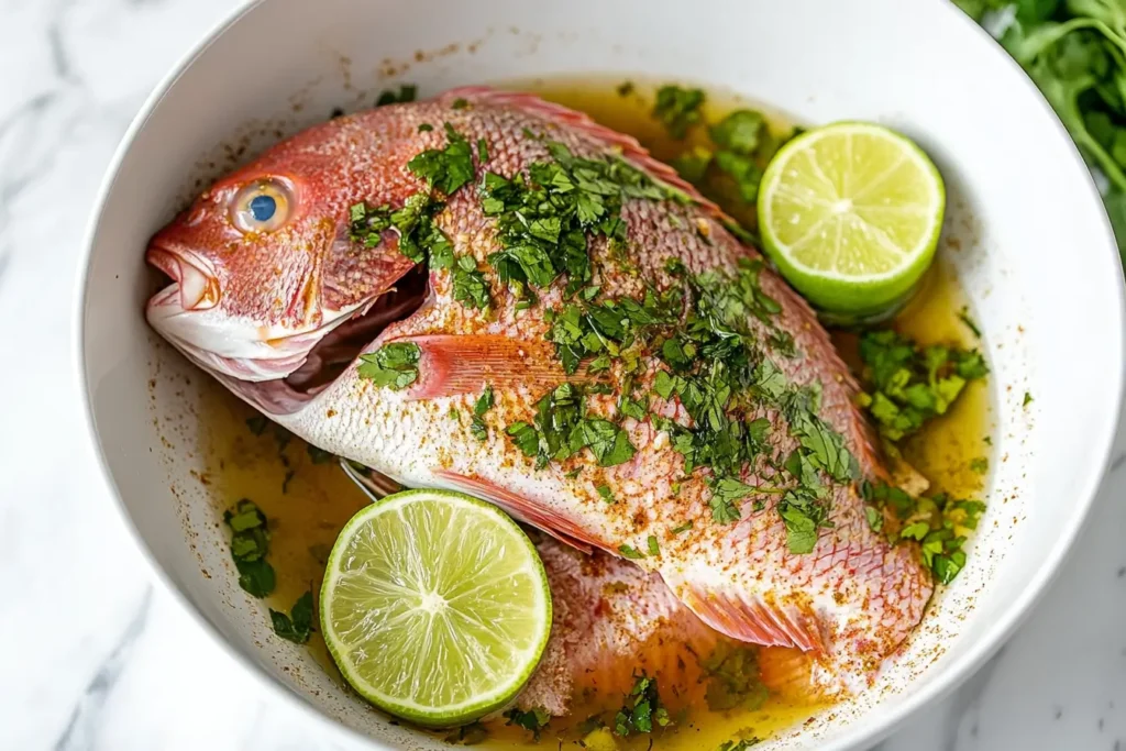 Fresh snapper fillets marinating in lime juice and spices.