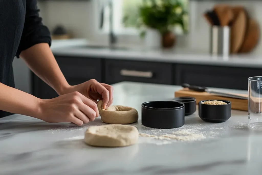 Shaping gluten-free bagel dough on a floured countertop