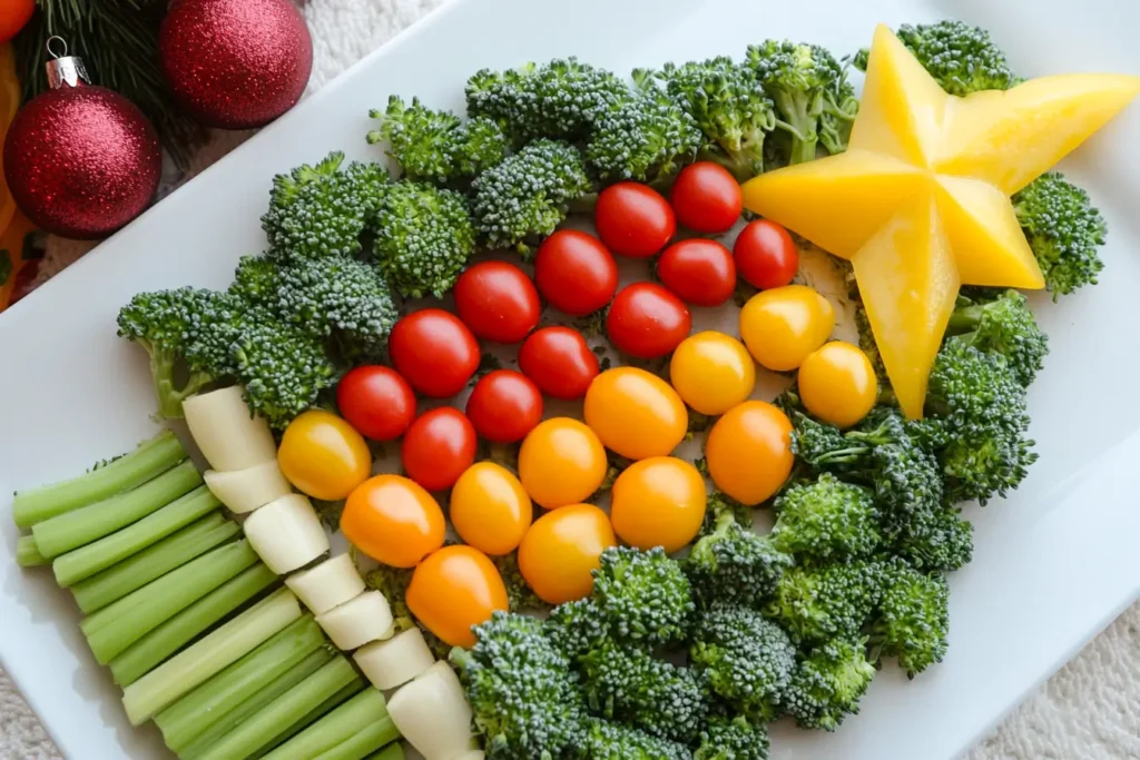 Christmas-themed veggie tray shaped like a tree
