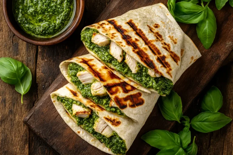 Chicken pesto wrap with grilled chicken and fresh pesto